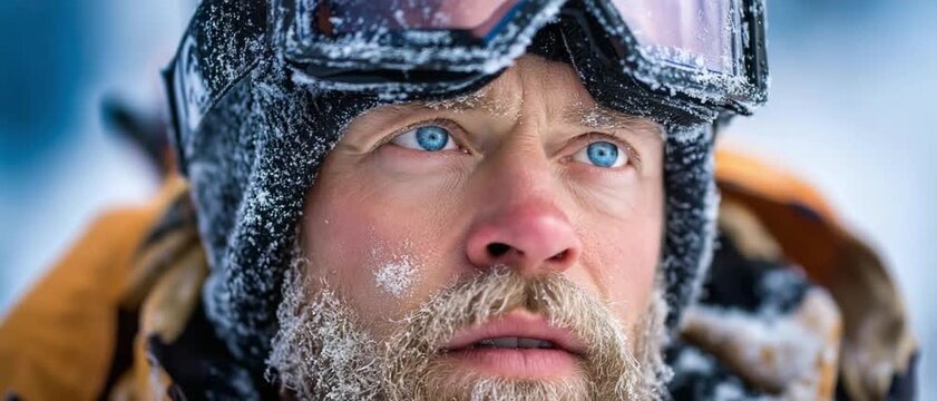 Frostbitten Explorer: A close-up portrait of a determined explorer, his face etched with the harsh realities of extreme cold, ice clinging to his beard and goggles, eyes reflecting a vast.