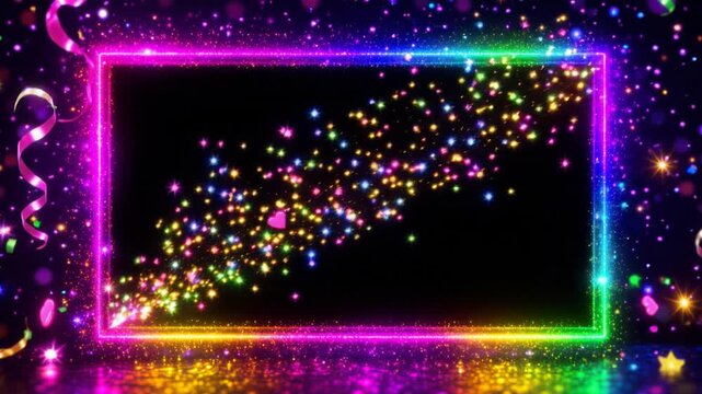 Colorful neon frame with sparkling stars hearts and festive confetti for celebration and party background