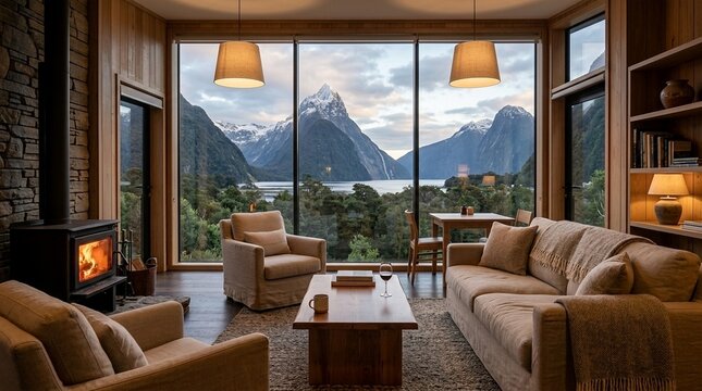 Cozy living room with fireplace and mountain lake view window