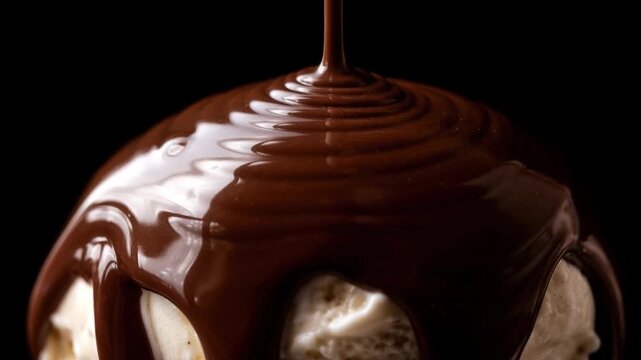 Close up of vanilla ice cream covered with smooth melted chocolate sauce on black background