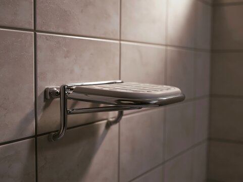 Wall mounted fold down shower seat in folded up position against tiled wall in bathroom area