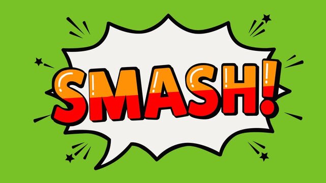Animated video footage featuring a bold Smash comic speech bubble on a green screen
