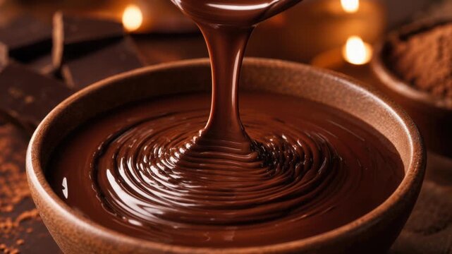 Close up of rich melted chocolate pouring into a bowl with smooth texture and glossy surface