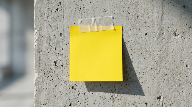 Blank yellow sticky note taped on textured gray concrete wall surface for business message or creative reminder post with copy space for custom text