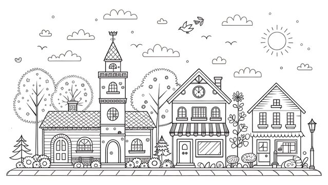 Charming village scene with clock tower and houses illustration