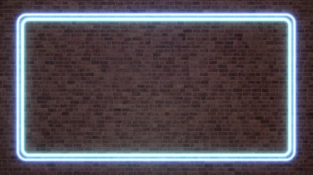 Glowing Blue Neon Rectangular Frame Flickering on Dark Brick Wall