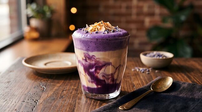 Aesthetic Ube Latte with Swirled Purple Ube Foam and Toasted Coconut Flakes