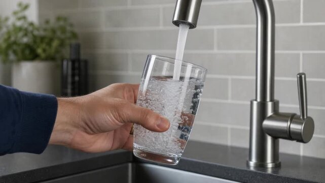 Hand pouring fresh clean water from modern kitchen faucet into clear glass under bright lighting