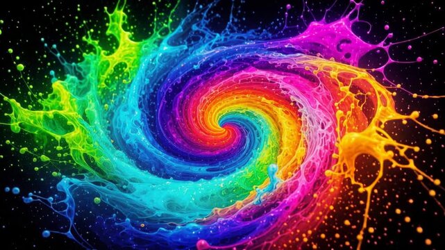 Vibrant swirling rainbow paint splash with dynamic motion and colorful spiral pattern on black background