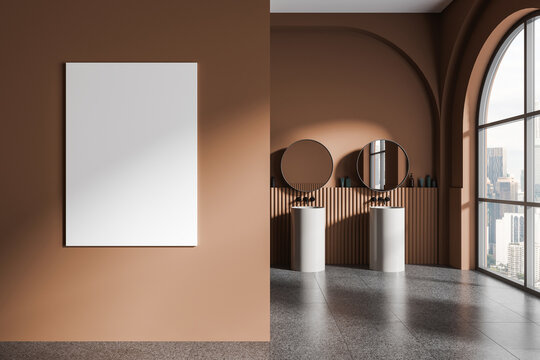 Contemporary bathroom with twin sinks and round mirrors in a warm minimalist style on terracotta walls, expressing interior design. 3D Rendering