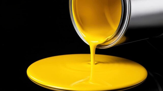 Bright yellow paint pouring from a metal can creating smooth liquid flow on black surface