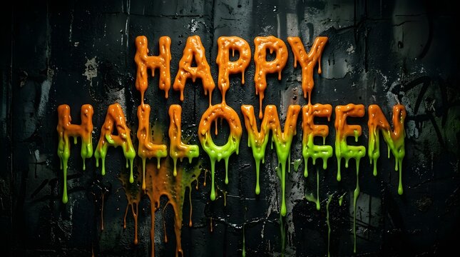 Happy halloween text with orange and green melting slime effect on a dark textured background