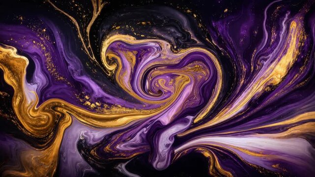 Abstract purple and gold liquid swirl texture with vibrant flowing paint and dynamic artistic patterns