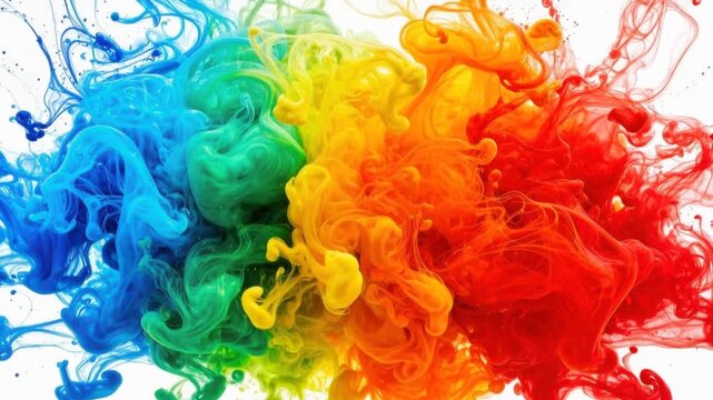 Vibrant colorful ink swirling in water with bright rainbow hues blending in abstract patterns