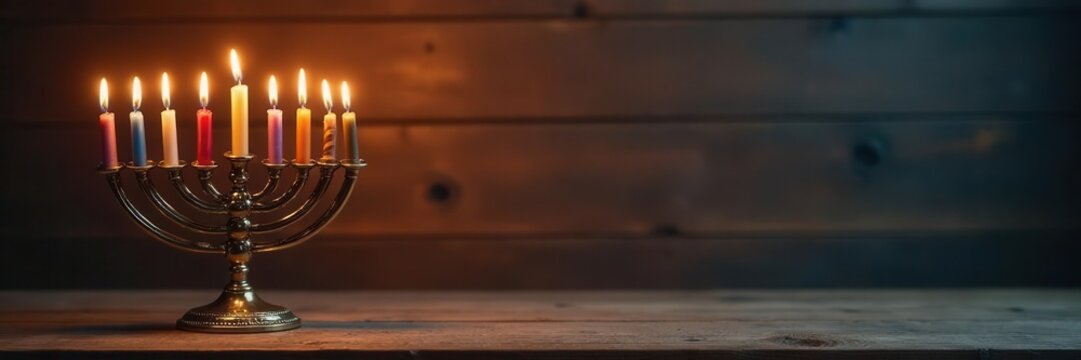 Nine candles lit on a menorah, wooden background , winter, lighting