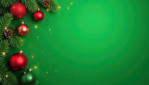 Overhead Christmas decorations, green background, copy space , celebration, lights