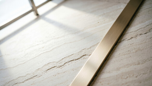 Close-up of a modern textured stone wall with a luxurious brushed gold metal inlay detail.