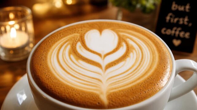 Close up of latte coffee with heart shaped latte art being poured in cozy cafe setting