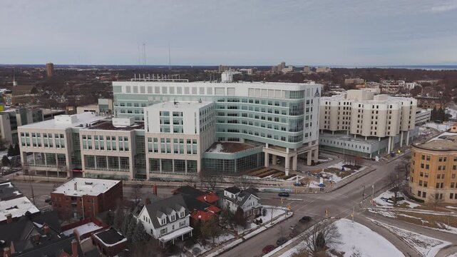 Right to Left Aerial of the East side of Milwaukee near Lake Michigan in winter