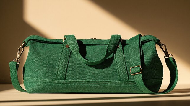 Cylindrical barrel shaped weekend duffel bag made of textured green canvas with brass hardware and detachable shoulder strap on neutral background