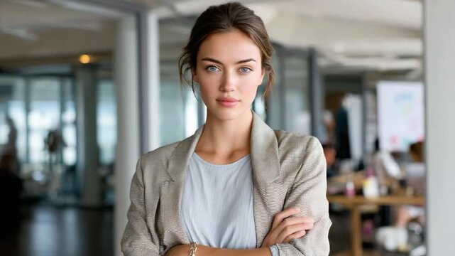 Confident Woman in Office: A young, determined woman with a calm gaze and crossed arms stands in a modern office environment, embodying professionalism and ambition.