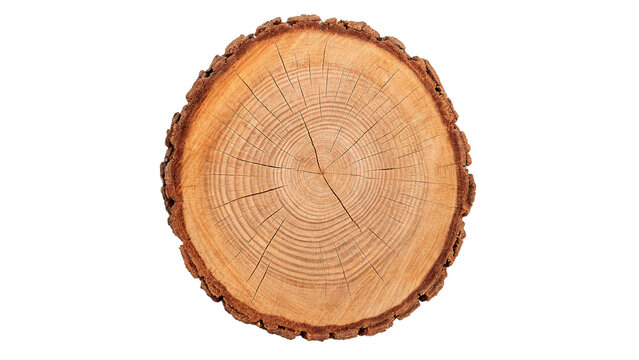 Round wooden log slice tree trunk cross section texture isolated on transparent background cut out