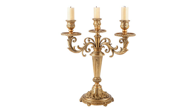 Vintage golden brass candelabra with three burning white candles isolated on transparent background cut out