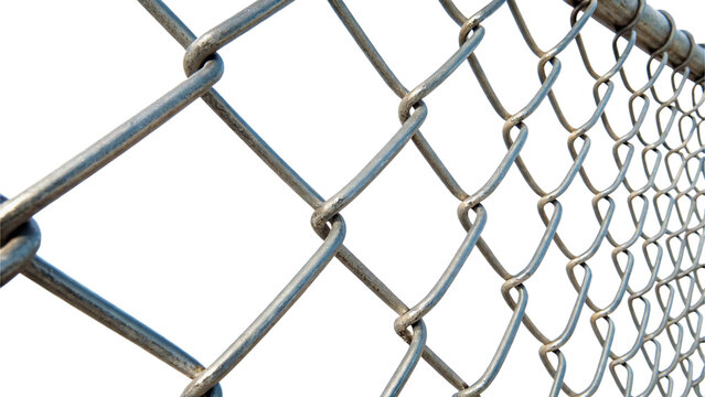 Close up of metallic chain link wire mesh fence perimeter isolated on transparent background cut out