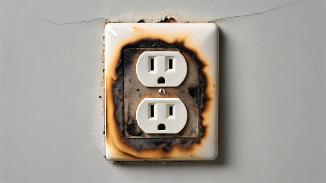Damaged electrical wall socket with exposed wiring and burn marks. Scorched power outlet posing fire hazard and safety risk in home or office.