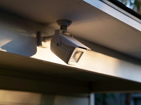 Weatherproof exterior floodlight fixture head mounted on an eave with a plain soffit behind it in a residential area