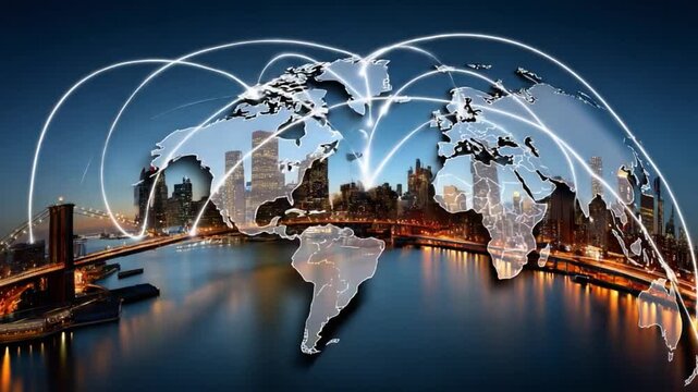 Global Connection: A stylized world map overlays a vibrant cityscape at night, with glowing lines symbolizing international connections and digital networks spanning across continents.