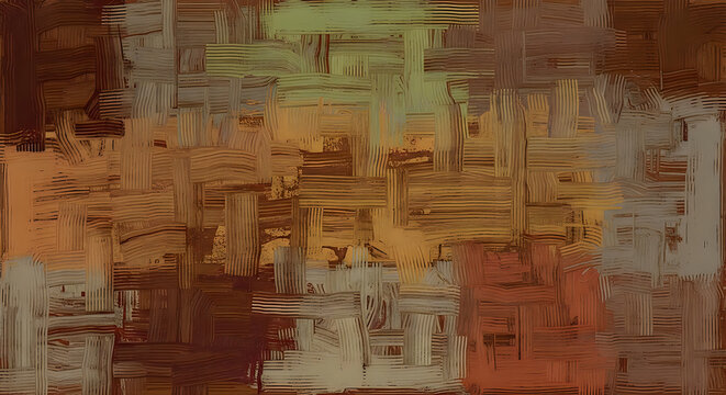 Abstract pixelated composition with earthy tones and blurred geometric patterns