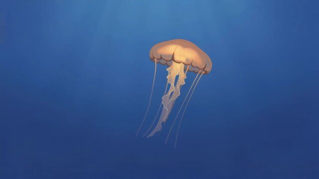 Glowing orange jellyfish floating gracefully in deep blue ocean water underwater scene