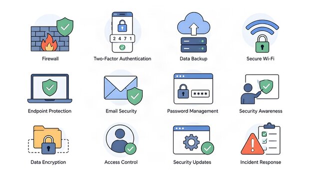Set of 12 cybersecurity and information security icons including firewall, two-factor authentication, secure data backup, secure Wi-Fi, endpoint protection, email security, password management, securi