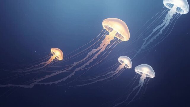 Glowing jellyfish swimming in deep ocean water with long trailing tentacles underwater sea life