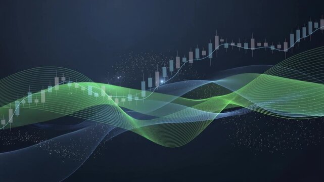 Abstract digital graph with glowing green and blue waves representing financial data and stock market trends