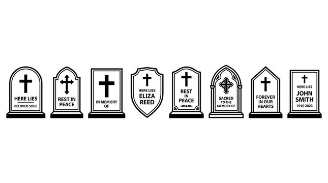 Set of classic upright gravestones and cemetery markers with gravestones