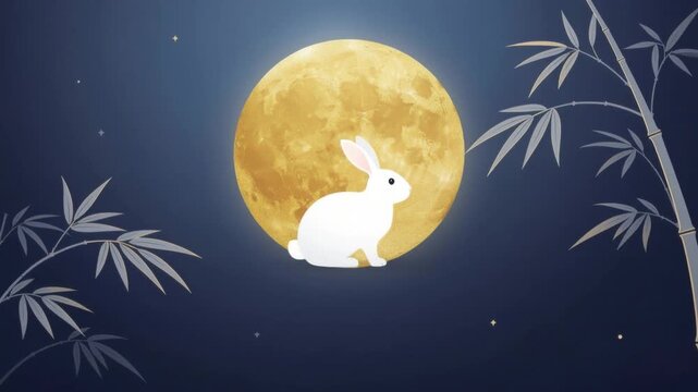 White rabbit silhouette with full glowing moon and bamboo branches in night sky fantasy scene