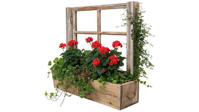 Wooden window box planter filled with red geranium blooming flowers isolated on transparent background cut out