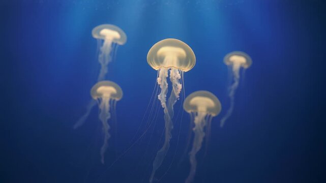 Glowing jellyfish floating gracefully in deep blue ocean water with translucent bodies and long tentacles