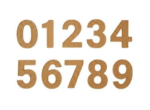 Set of ten metallic bronze numbers from zero to nine isolated on a simple flat surface