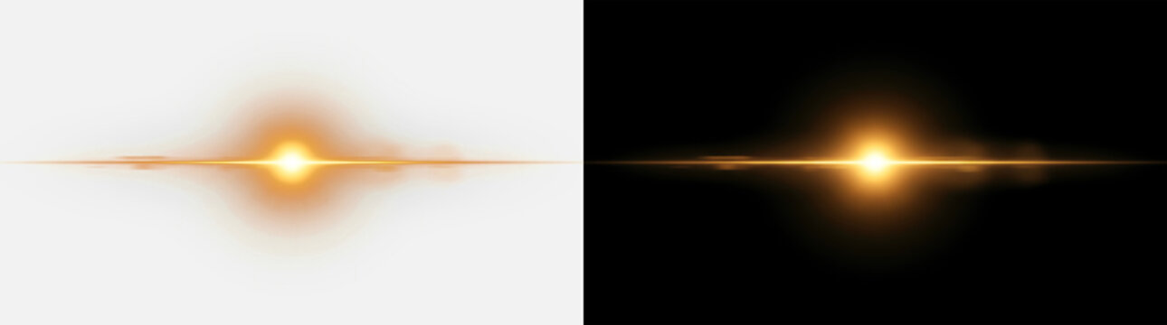Golden Anamorphic Lens Flare Light Effect Overlay, Warm Orange Glowing Starburst Beam on Black Background