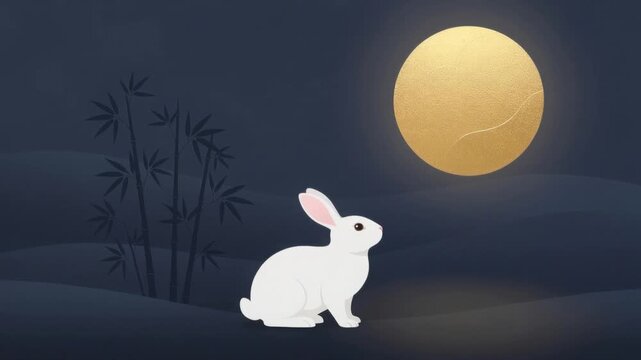 Mid Autumn Festival celebration with white rabbit golden moon bamboo night landscape harmony