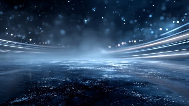 Blue ice stage glowing particles snow winter background futuristic abstract lines