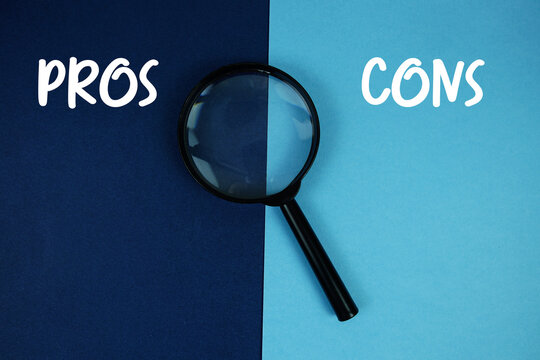 PROS or CONS text with magnifying glass on navy blue background