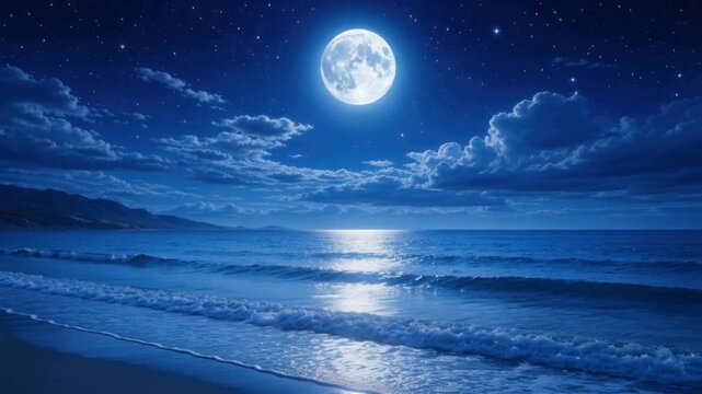 Beautiful full moon night over calm ocean waves with starry sky and coastal mountains
