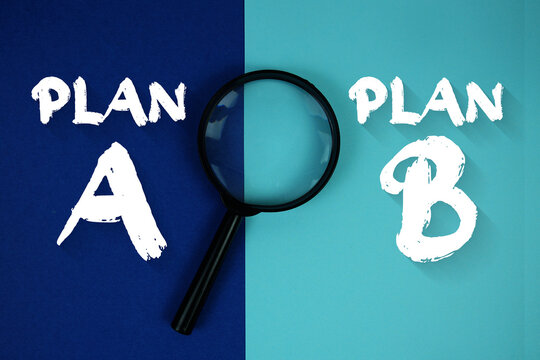 Plan A and Plan B text with magnifying glass on navy blue background