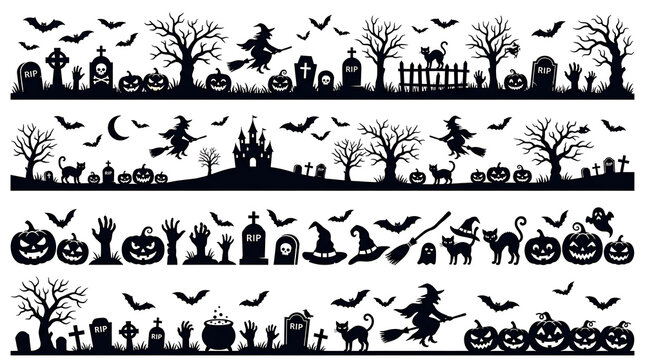 Set of decorative halloween silhouette dividers and horror theme borders