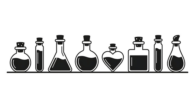 Set of various glass potion bottles and flasks silhouette icon collection