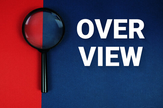 Overview text with magnifying glass on red and navy blue background